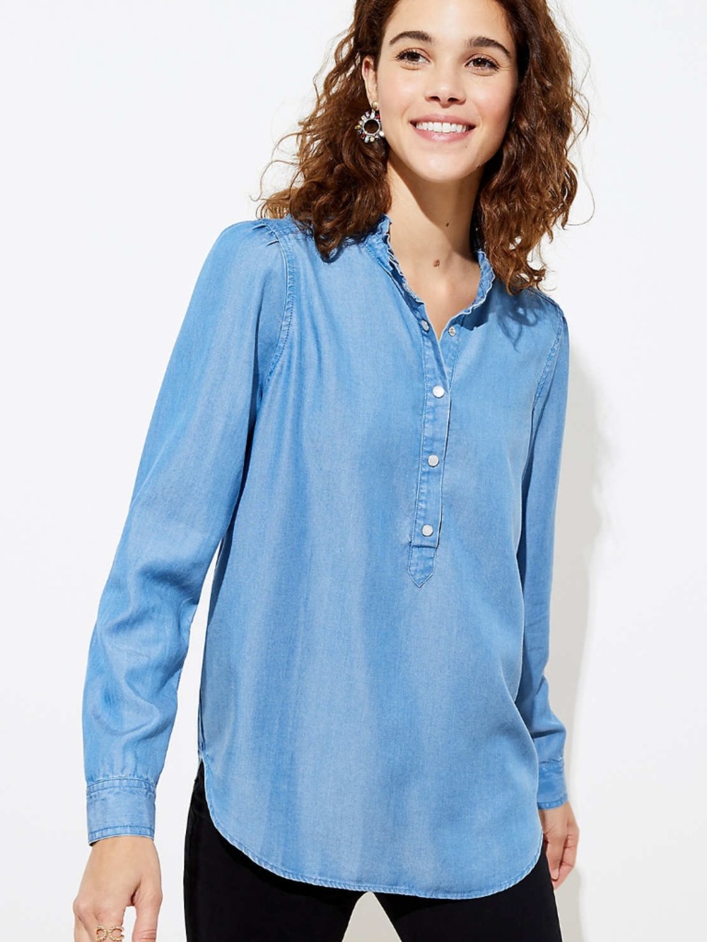LOFT Chambray Ruffle Tunic Shirt